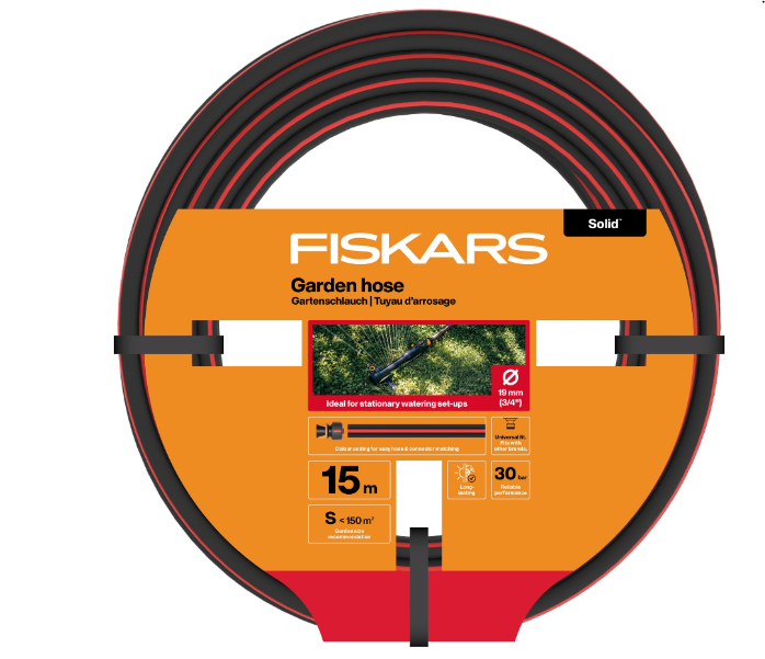 Fiskars Manguera de Jardín S, Sólida, Manguera de Agua para Sistemas de Riego, 19 mm (3/4"), Longitud: 15 m, Conexión Universal, Resistente a Rayos UV, Heladas y Torsiones, Rojo, 1076061