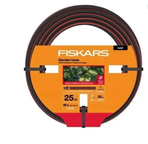 Fiskars Manguera de Jardín M-L, Sólida, Manguera de Agua para Sistemas de Riego, 19 mm (3/4"), Longitud: 25 m, Conexión Universal, Resistente a Rayos UV, Heladas y Torsiones, Roja, 1076062