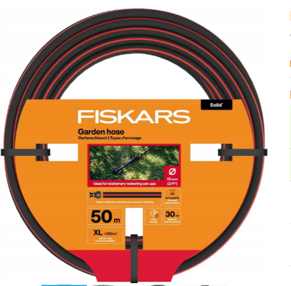 Fiskars Manguera de Jardín XL, Sólida, Manguera de Agua para Sistemas de Riego, 19 mm (3/4"), Longitud: 50 m, Conexión Universal, Resistente a Rayos UV, Heladas y Torsiones, Roja, 1076063