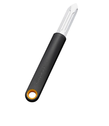 Fiskars Functional Form Pelador con cuchilla fija, Pelador universal para frutas y verduras, Punta afilada, Cuchilla de acero inoxidable/Mango de plástico, Negro/Naranja, 1079907
