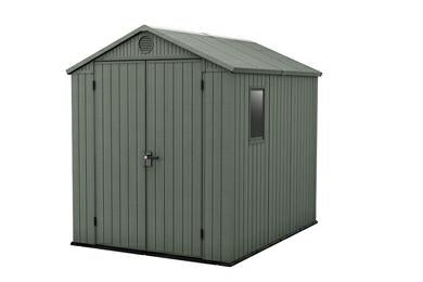 Keter Darwin - Cobertizo de jardín de Resina para Exteriores, 1,8 x 2,4 m, Color Verde Evotech+ Aspecto de Madera, Almacenamiento de Resina Impermeable para Herramientas y Bicicletas, Puertas Dobles