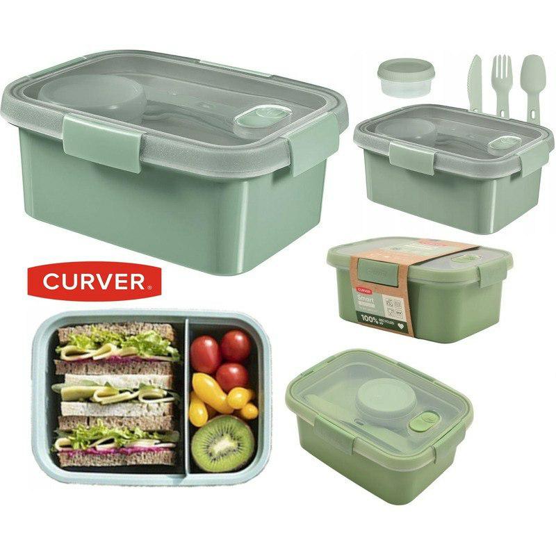 KETER – Caja de alimentos rectangular de 1,2 l con cubiertos – Smart Eco Line – 100 % reciclada y reciclable – 100 % hermético, ergonómico y resistente, conserva la frescura de tus alimentos – Verde