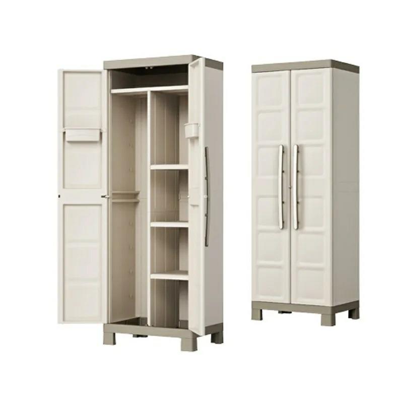 Keter Armario Excellence Escobero|Armario Escobero de almacenaje|Resina|2 Puertas y 4 baldas, 3 Regulables en Altura y 1 Fija|Color Arena/Gris|182 x 65 x 45 cm
