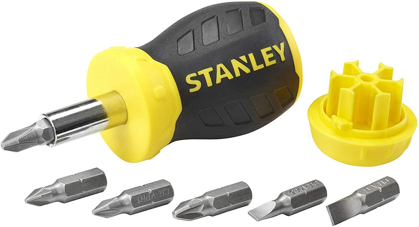 STANLEY 0-66-357 - Destornillador Multipuntas Extracorto - STUBBY, con 6 Puntas magnéticas, Almacenaje Interno, Mango Sobremoldeado, Peso 0,1 kg, Longitud 152mm