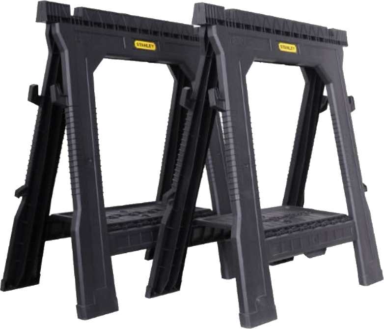 STANLEY Pack de 2 caballetes plegables, soporta 454 kg por pareja, ligeros y portátiles, ranura en V integrada, bandeja para herramientas, dimensiones 69.3x10.5x81.5 cm, STST1-70713