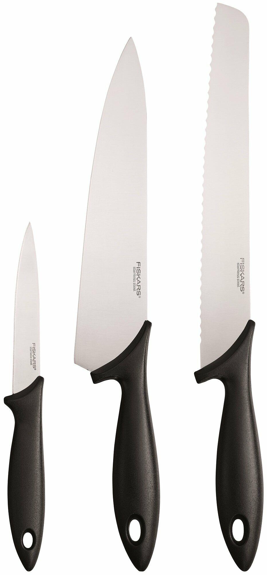 Fiskars Set de inicio, Juego de 3 cuchillos, Cuchillo de chef, Cuchillo para pan, Cuchillo de pelar (Longitud de hoja: 20 cm, 23 cm, 11 cm), Essential, Acero inoxidable/Plástico PP, Negro, 1065583