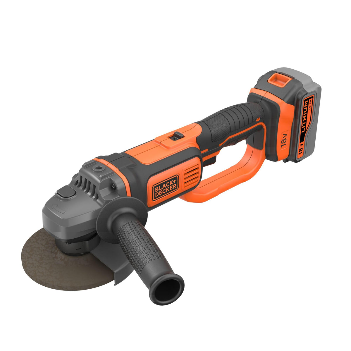BLACK+DECKER Amoladora Angular 18V, Velocidad 8.600 rpm, Incluye: Disco 125mm, 1 Batería 4Ah de Litio, Cargador, Empuñadura Lateral y Bolsa de Transporte, BCG720M1