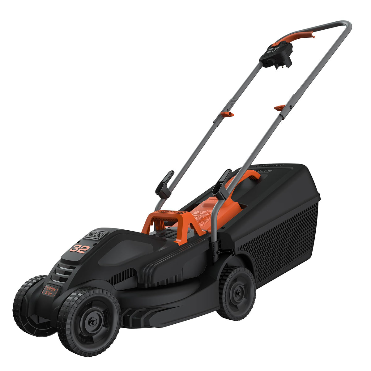 BLACK+DECKER Cortacésped eléctrico Ligero de 1000 W de 32 cm de Ancho con 3 Alturas Ajustables y Cortador de césped de 30L, BEMW351-QS