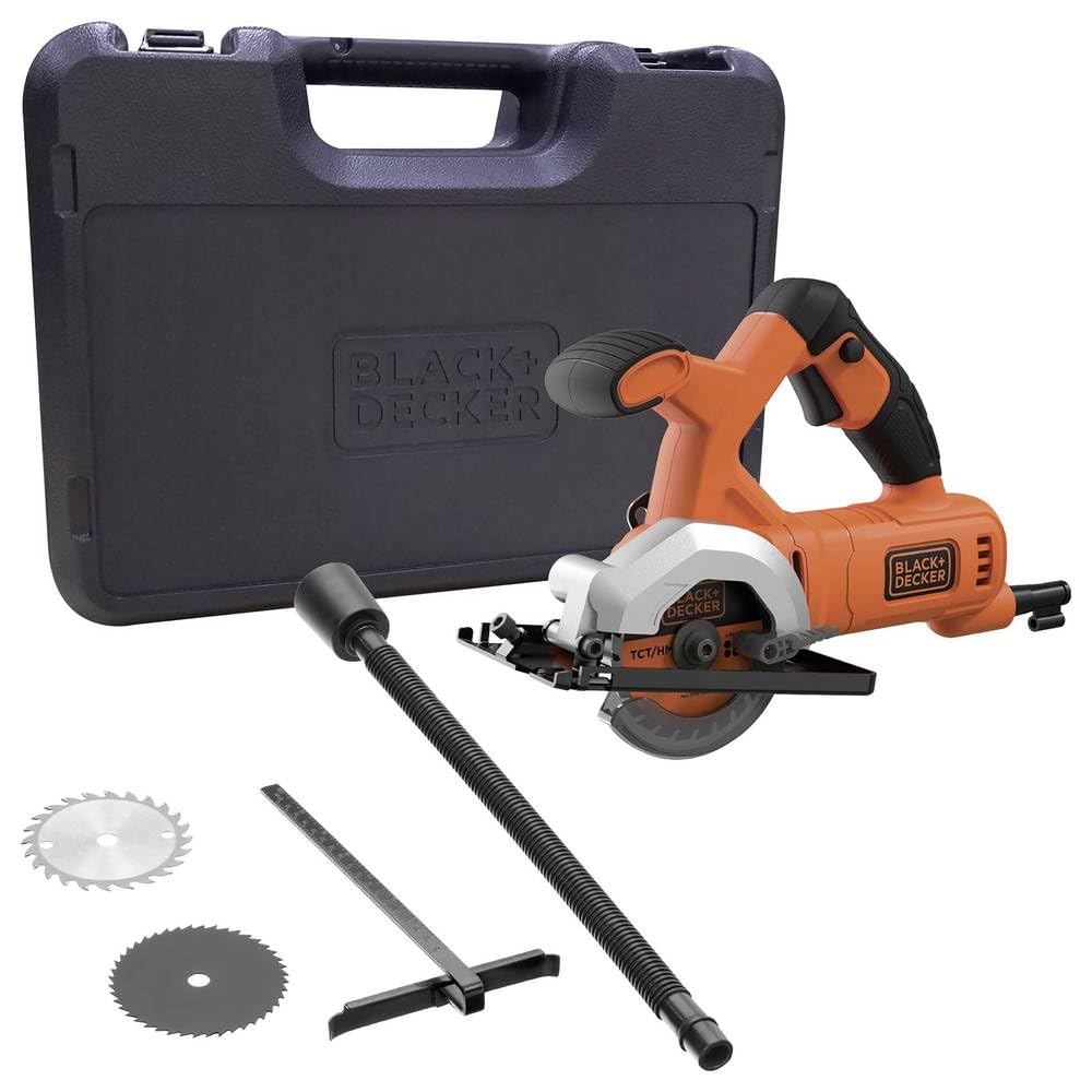 BLACK+DECKER Mini sierra circular con cable 400W, 85mm, 3600 RPM, profundidad de corte 27mm, incluye 2 discos (TCT 24T y HSS 44T), adaptador para aspirador, guía de corte paralela, BES510