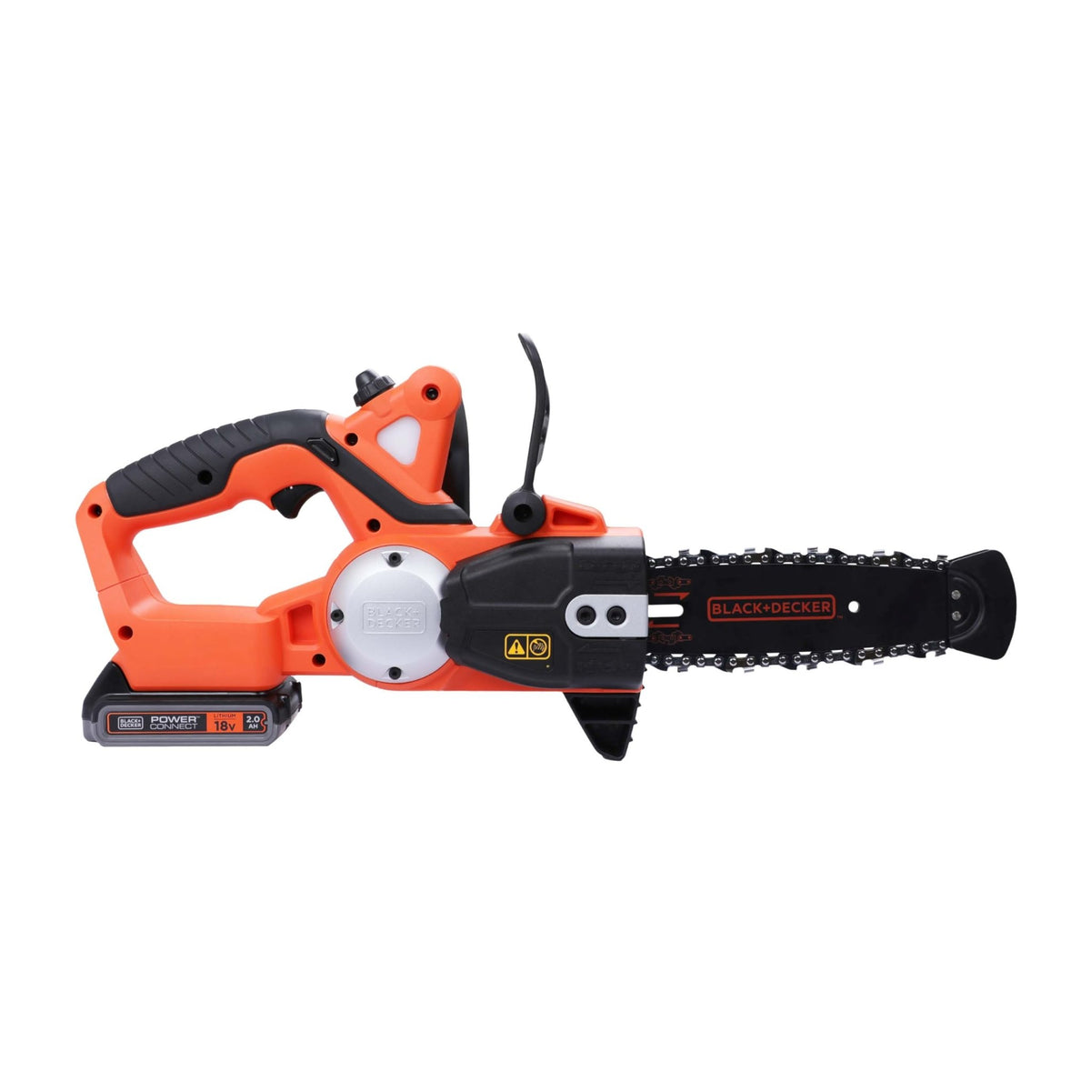BLACK+DECKER Motosierra a Batería 18V, Batería de litio 2Ah, Espada 20cm, Velocidad Cadena 3,1m/s, Hasta 200 Cortes por Carga, para Poda y Leña - GKC1820L20-QW