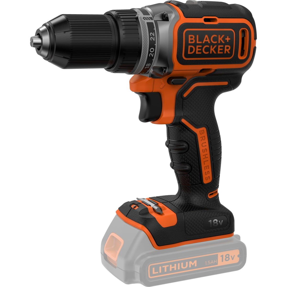 BLACK+DECKER Taladro Atornillador sin Escobillas 18V, Mayor Potencia, 23 Posiciones, 2 Velocidades Variables, No Incluye Cargador ni Batería, Sistema POWER CONNECT, BL186N-XJ