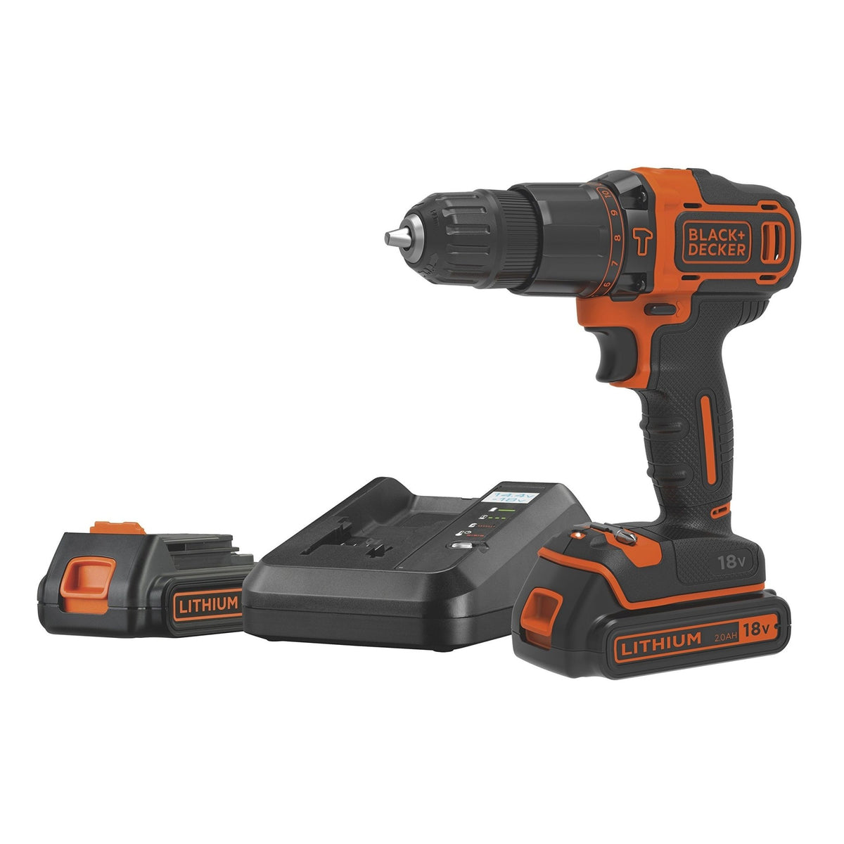 BLACK+DECKER Taladro percutor 18V con 2 baterías de litio 2.0Ah, portabrocas 10mm, 2 velocidades, par máximo 40Nm, luz LED, empuñadura antideslizante, incluye maletín, BDCHD18K1B2 - Ferrotecnia