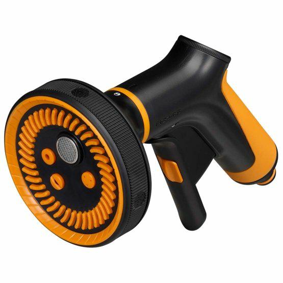 Fiskars Pistola Pulverizadora Multi, 5 funciones, Caudal variable, Con regulador frontal y bloqueo de apertura/cierre, SoftGrip, Tamaño universal, Negro/Naranja, 1065482