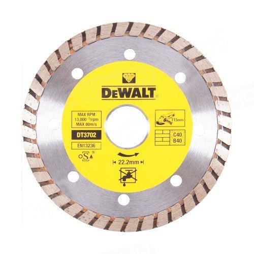 DeWalt DT3702-QZ - Disco de Diamante Turbo para Corte en seco 115x22.2 mm, para mármol, Granito y Piedra Natural, 0 W, 0 V