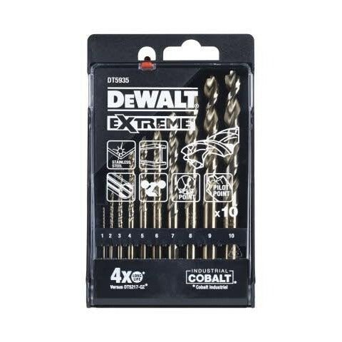DEWALT DT5935-QZ - Juego de brocas de metal Extreme Kobalt de 10 piezas (1-10mm, para acero de alta aleación y metal, con mango antideslizante y punta "No-Walk", incluye estuche de almacenamiento). - Ferrotecnia