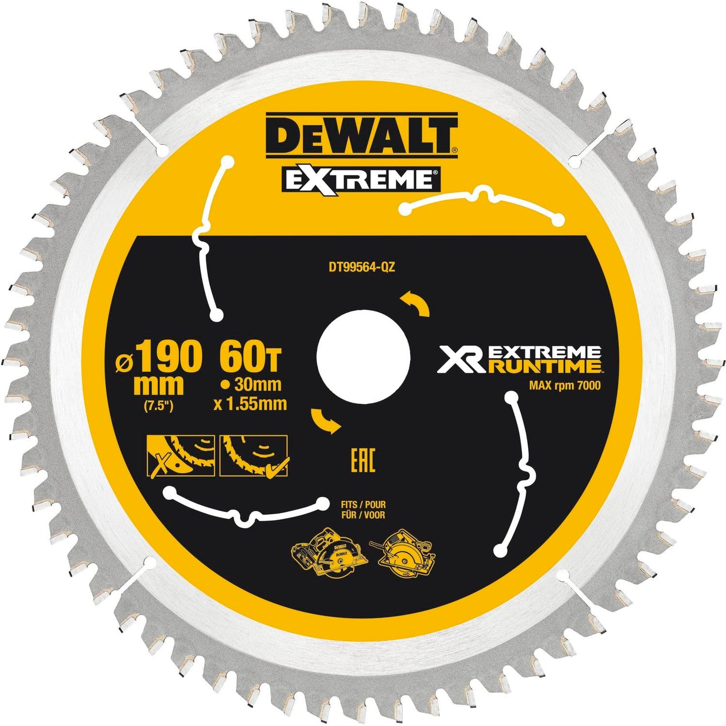 DeWalt DT99564-QZ - Hoja de sierra circular XR Extreme Runtime 190/30 mm 60 dientes