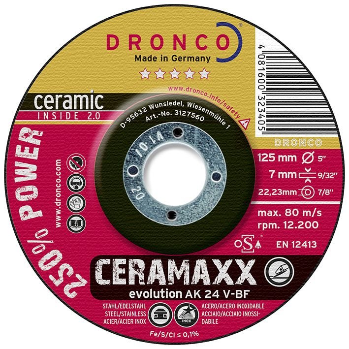Dronco AK24V - 125 - Disco de desbaste CeraMaxx de 125 x 7 mm (Lote de 10 uds) - Ferrotecnia