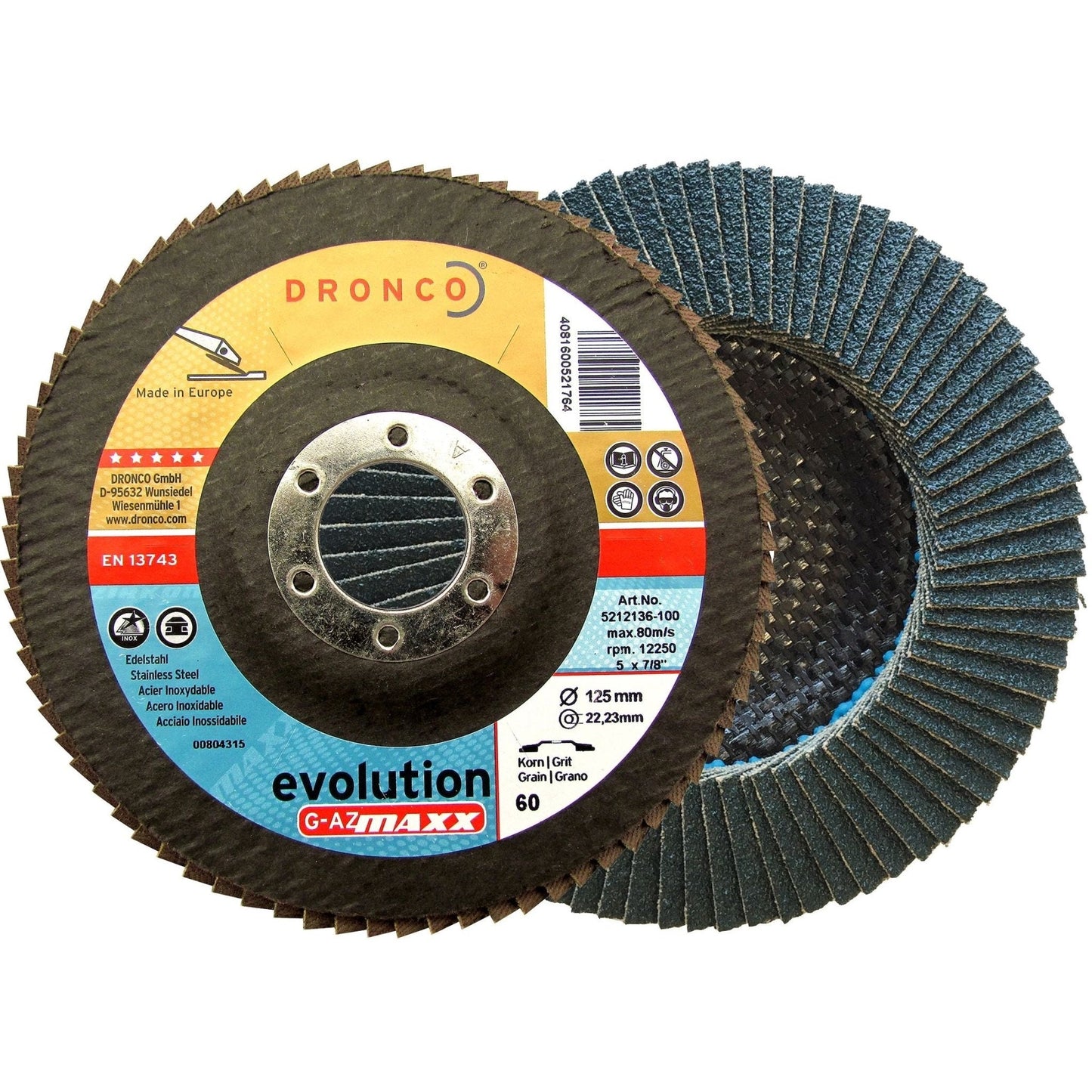 Dronco G-AZMAXX125/4 - Disco de láminas abrasivas Zirconio (base abombada) G-AZ MAXX Ø 125 mm grano 40