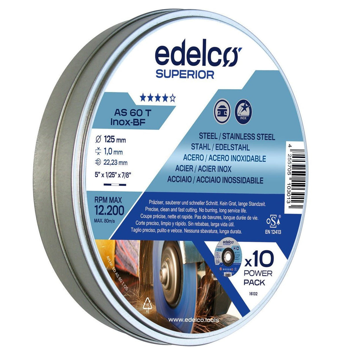 Edelco Lata Power-Pack con 10 discos de corte metal AS 60 T INOX Superior - Ferrotecnia
