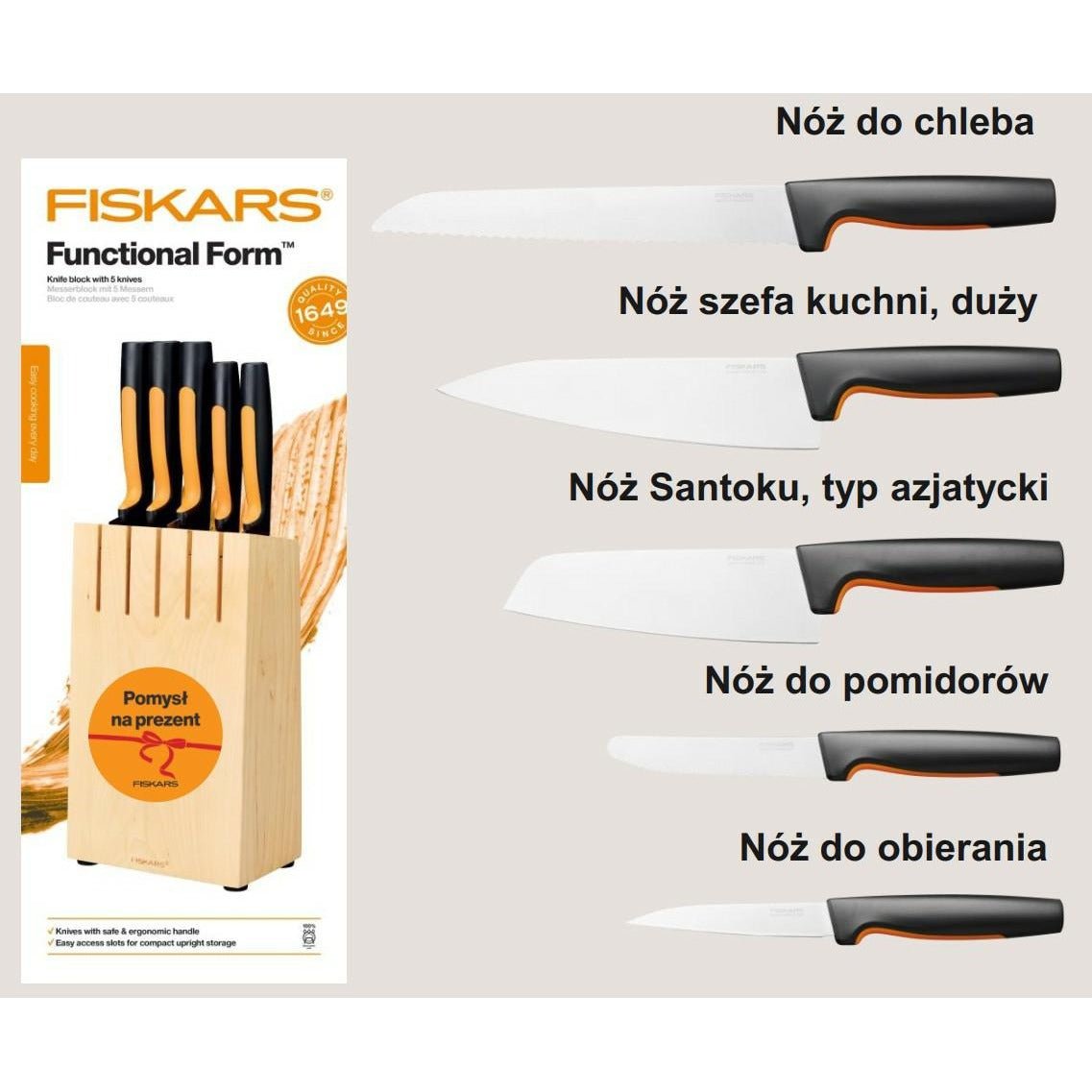 Fiskars Bloque de cuchillos con 5 cuchillos, Ancho: 14,5 cm, Alto: 36 cm, Madera de abedul, Functional Form, 1062927 - Ferrotecnia