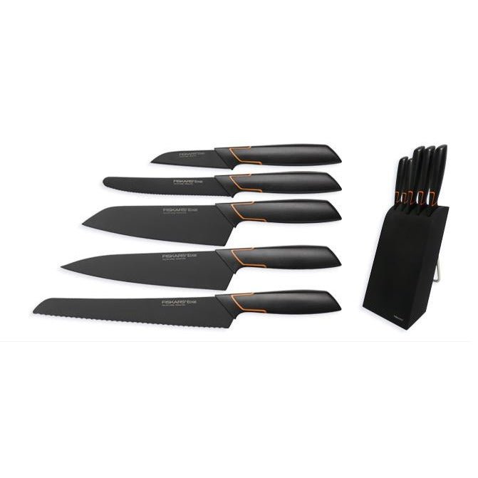 Fiskars Bloque de cuchillos con 5 cuchillos, Ancho: 15,5 cm, Alto: 37 cm, Madera de abedul, Negro, Edge, 1003099 - Ferrotecnia