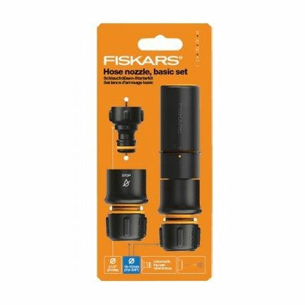 Fiskars Boquilla de manguera: kit básico, Solid, SoftGrip, Con boquilla de manguera, conector de grifo y conectores de manguera, Ø 1,3-1,5 cm (1/2-5/8''), Negro/Naranja, 1027090