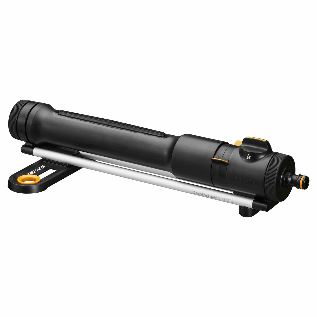 Fiskars Comfort Aspersor oscilante S-M, incluye filtro extraíble y herramienta para limpieza de boquillas, aspersor para áreas de 150-300 m², negro/naranja, 1070834