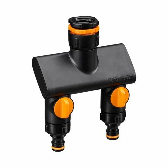 Fiskars Conector de grifo de 2 vías, Con válvulas de apertura/cierre, Para 3 tamaños de rosca Ø 21 mm (1/2"), Ø 26,5 mm (3/4") y Ø 33,3 mm (1"), Comfort, Negro/Naranja, 1070577