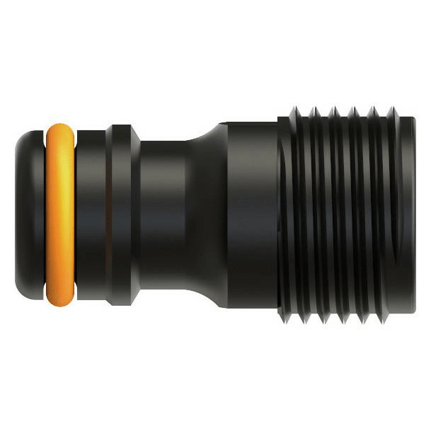 Fiskars Conector de grifo, Para grifos de agua, Rosca exterior Ø 21 mm (G 1/2"), Tamaño universal, 10 g, Negro/Naranja, 1027060 - Ferrotecnia