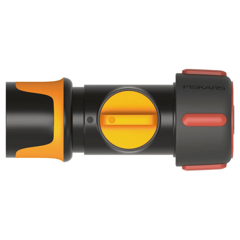 Fiskars Conexión para mangueras, Con función ON/OFF, Puntos de contacto SoftGrip, Tamaño universal, Ø 1,9 cm (3/4''), 80 g, Negro/naranja/rojo, 1027087 - Ferrotecnia