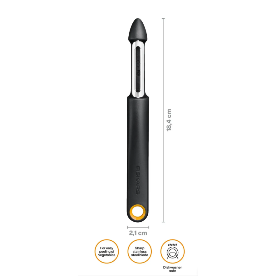 Fiskars Functional Form Pelador con cuchilla móvil, Pelador universal para frutas y verduras, Punta afilada, Cuchilla de acero inoxidable/Mango de plástico, Negro/Naranja, 1079960