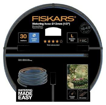 Fiskars Manguera de riego L, Protegido contra los rayos UV, Probado a presión, Nivel de rigidez a la torsión 4 (sobre 5), 30 m, Ø 1,3 cm (1/2''), 4,2 kg, Negro/Naranja/Azul, 1027105