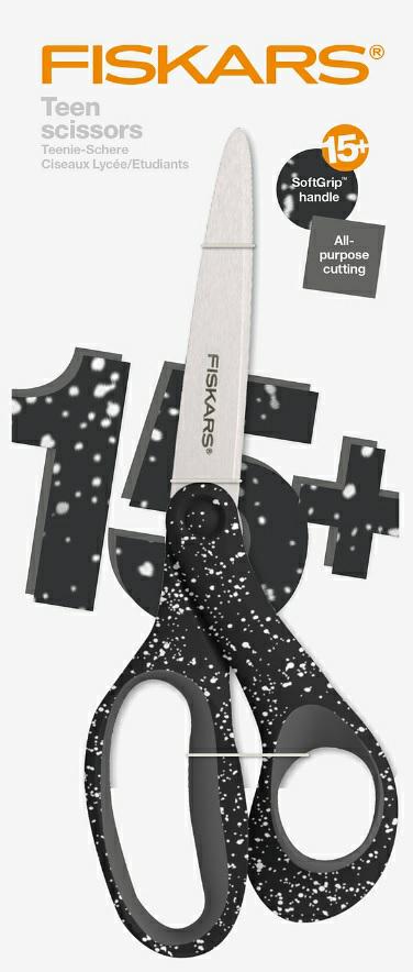 Fiskars Tijeras para adolescentes de 15-18 años, Para diestros, Longitud total: 20 cm, Acero inoxidable/plástico, Negro/Gris moteado, 1067867