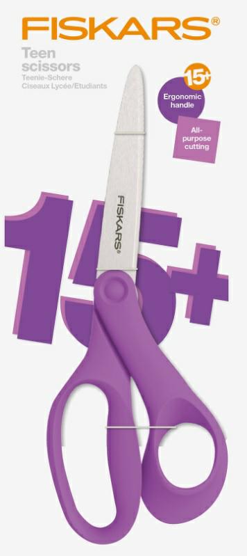 Fiskars Tijeras para adolescentes de 15-18 años, Para diestros, Longitud total: 20 cm, Acero inoxidable/plástico, Violeta, 1067865