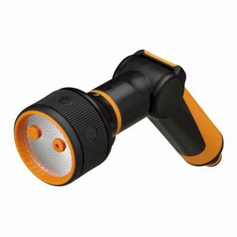Fiskars Pistola Pulverizadora, 3 Chorros, con Patrón de Rociado de Chorro, Niebla y Ducha, Control Continuo del Caudal con el Pulgar, Tamaño Universal, Negro/Naranja, 1065486