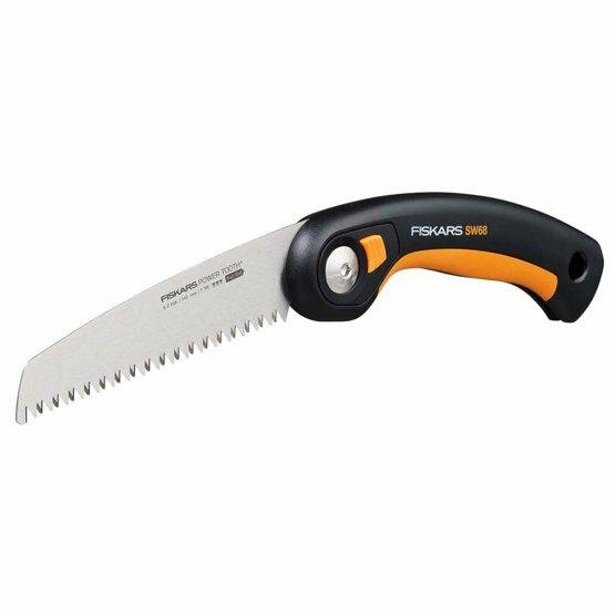 Fiskars Sierra plegable Plus, Para troncos y ramas gruesas, 3 posiciones de corte, Hoja afilada Power Tooth, Dientes gruesos, Longitud de la hoja: 15 cm, Negro/Naranja, SW68, 1067552