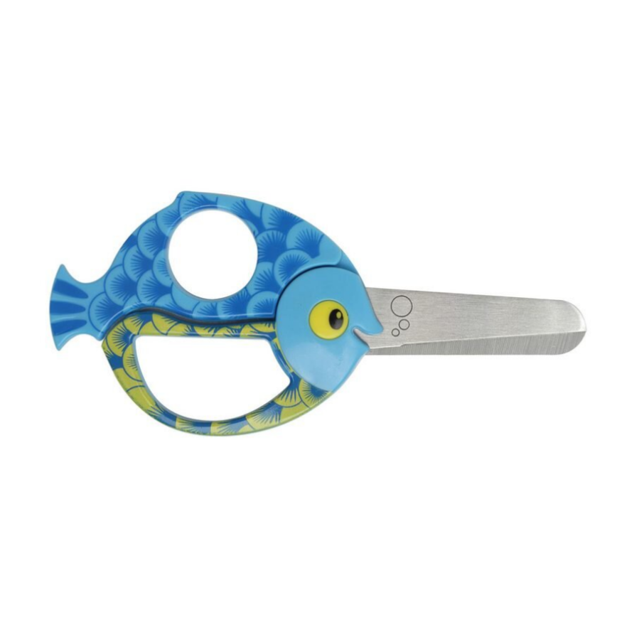 Fiskars Tijeras de animales para niños con motivos de peces, A partir de 4 años, Longitud: 13 cm, para diestros y zurdos, Hoja de acero inoxidable/Mangos de plástico, Azul, 1003746