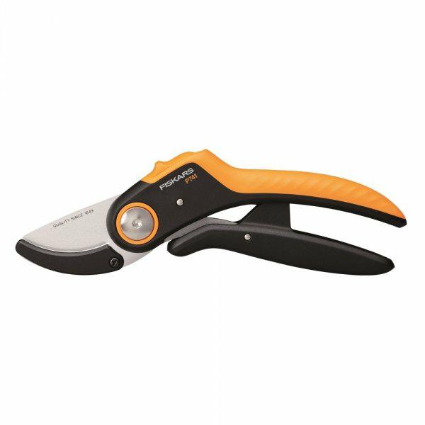 Fiskars Tijeras de jardín de yunque, Plus PowerLever, P741, Para madera seca y dura, Recubrimiento antiadherente, Cuchillas de acero inoxidable, Longitud: 22,1 cm, Negro/naranja, 1057171