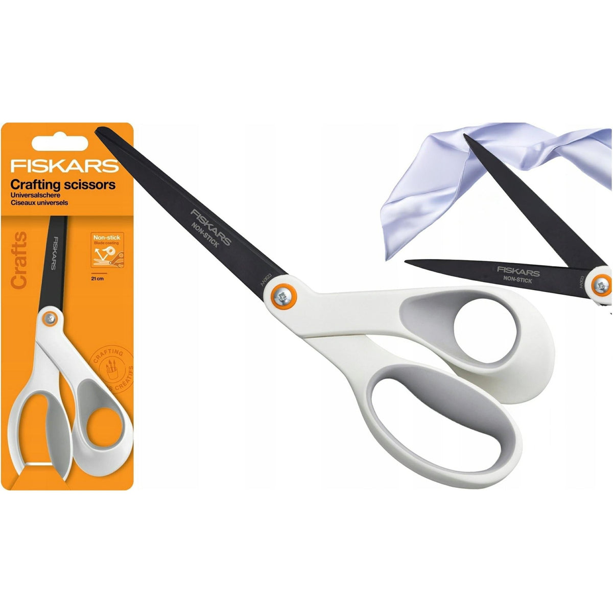 Fiskars Tijeras de manualidades antiadherentes, Longitud: 21 cm, Hoja de acero inoxidable/Mangos de plástico, Blanco, 1070026 - Ferrotecnia