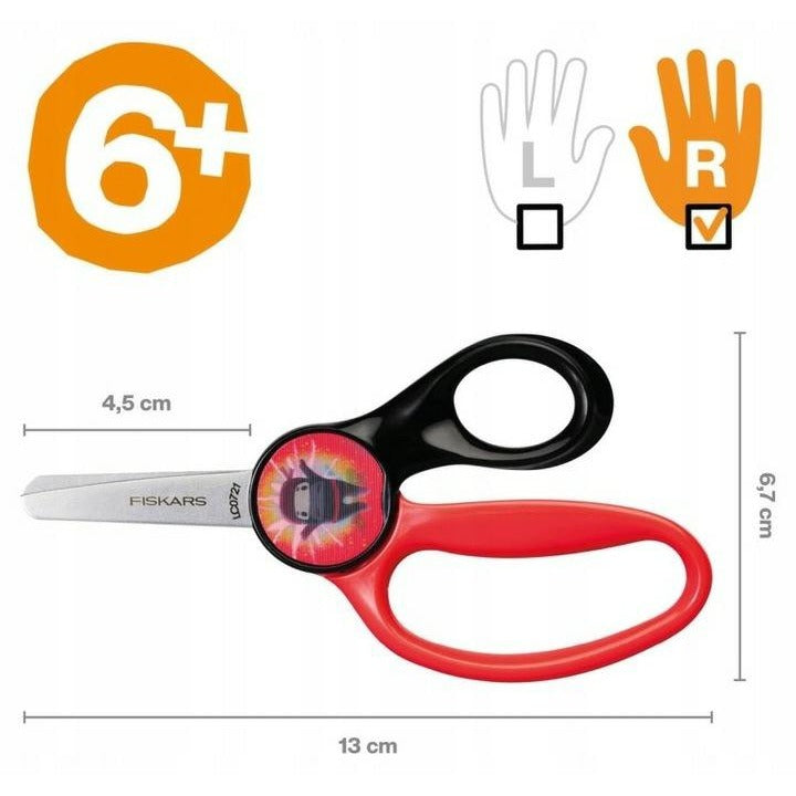 Fiskars Tijeras para niños con diseño Ninja, A partir de 6 años, Longitud: 13 cm, Para diestros y zurdos, Hoja metálica/mangos de plástico, Negro/rojo, Magic Morph, 1064075