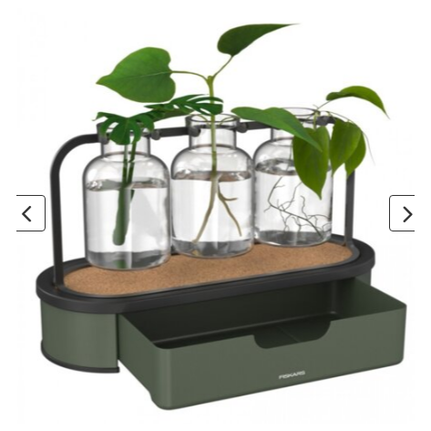 Fiskars Urban Plant Care Estación de Cultivo, para hasta 3 esquejes, 3 Recipientes de Vidrio y Soporte metálico con Base de Almacenamiento, Verde Oliva, 1080912