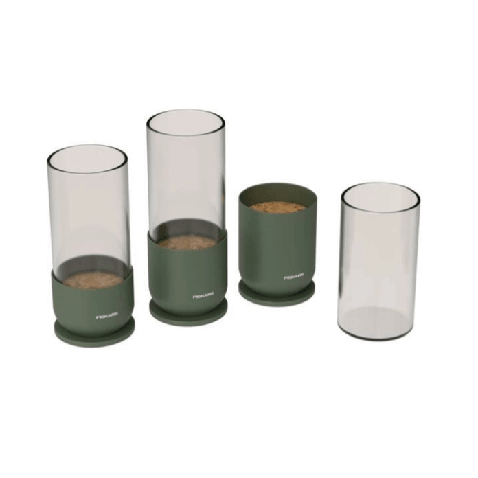 Fiskars Urban Plant Care Set de tarros de Cultivo, 3 Unidades, para la propagación de esquejes, 3 tarros de Cristal y 3 Soportes metálicos, Verde Oliva, 1080910 - Ferrotecnia