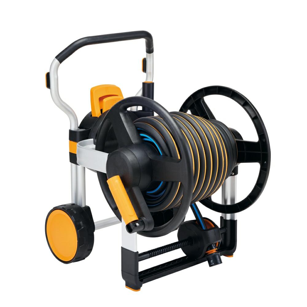Fiskars Waterwheel XL manual con ruedas, Set de riego todo incluido, Enrollado manual, Alcance total 21,5 m, Manguera de jardín de tamaño universal (Ø 13 mm), Conector universal para grifo, 1062256