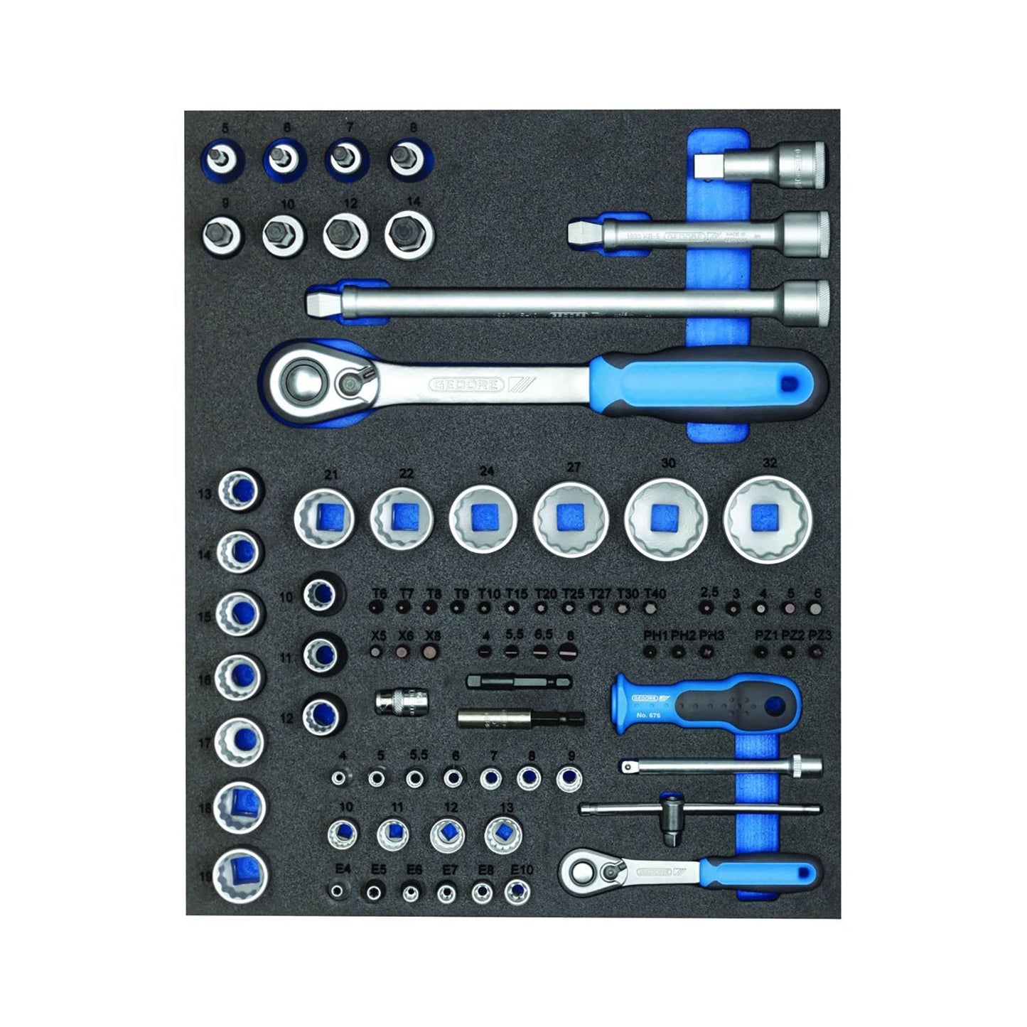 GEDORE TS CT2 - D19 - D20 - Juego de vasos y puntas de 1/4"+1/2" en módulo de espuma Check - Tool de doble cuerpo, 81 piezas - Ferrotecnia