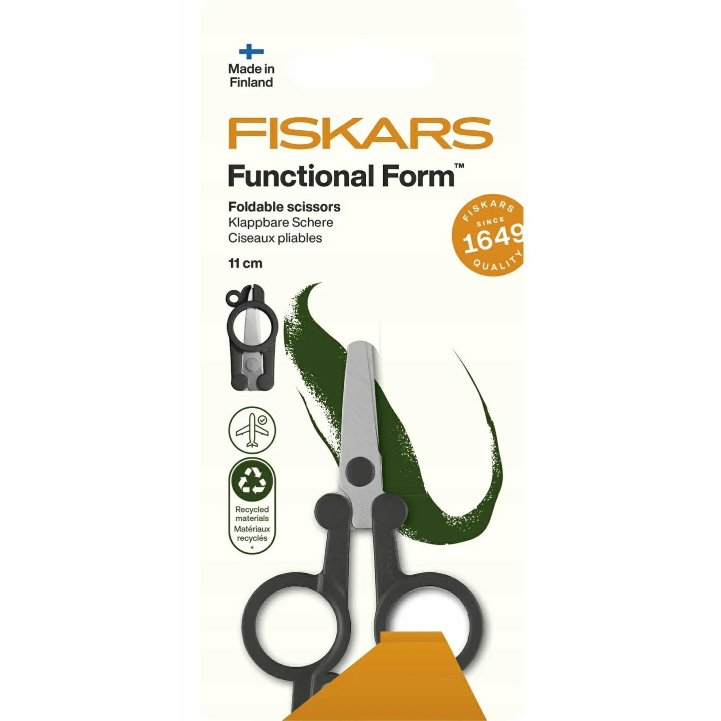 Fiskars Tijeras de Viaje Plegables ReNew, Longitud: 11 cm, Acero Inoxidable Reciclado/Plástico Reciclado, Functional Form, Negro, 1075352