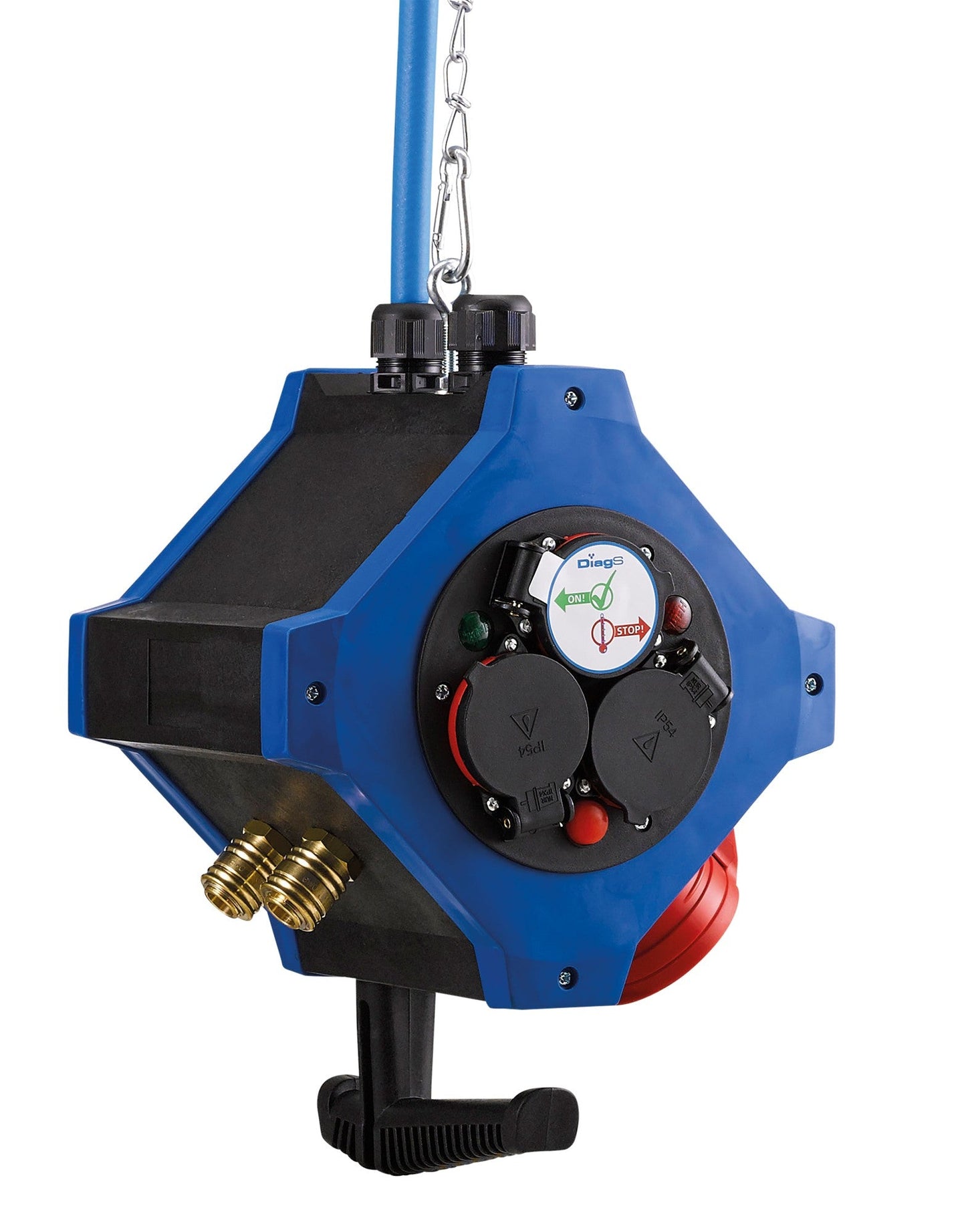 Hedi KVE601016L - Distribuidor de corriente suspendido con 6 tomas de seguridad 16 A, una toma trifásica 16 A y 2 tomas aire comprimido - Ferrotecnia