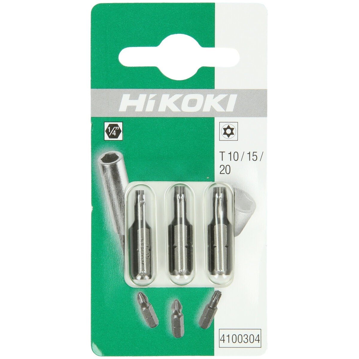 Hikoki 4100304 - 3 puntas 1/4" para tornillos Torx T10 / T15 / T20, con orificio, 25 mm