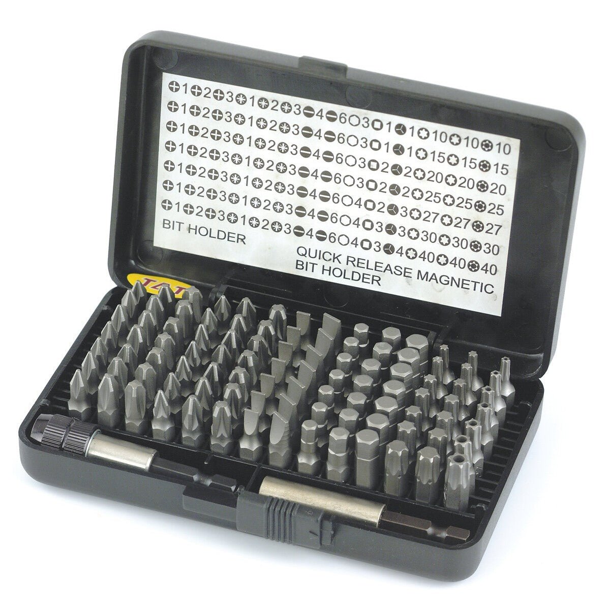 Hikoki 754000 - Caja de puntas 1/4", 100 piezas, 25 mm, incl. portapuntas magnético y cambio rápido de portapuntas magnético