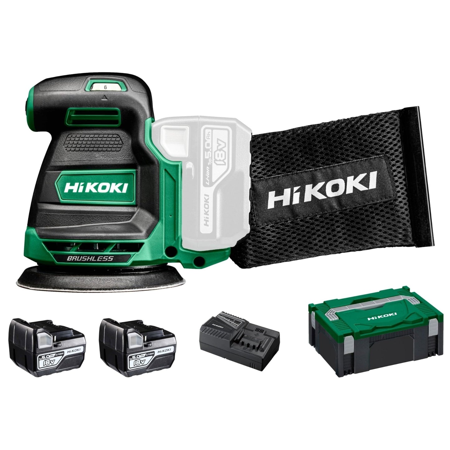 Hikoki SV1813DAWPZ - Lijadora excéntrica de batería 18 V 125 mm, 2 baterías 5,0 Ah y maletín - Ferrotecnia