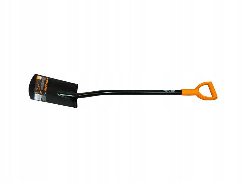 Fiskars Pala de Jardín para Suelos blandos y pedregosos, Longitud: 117 cm, Hoja de acero de adecuada calidad/Mango de plástico, Negro/Naranja, Solid, 1003456
